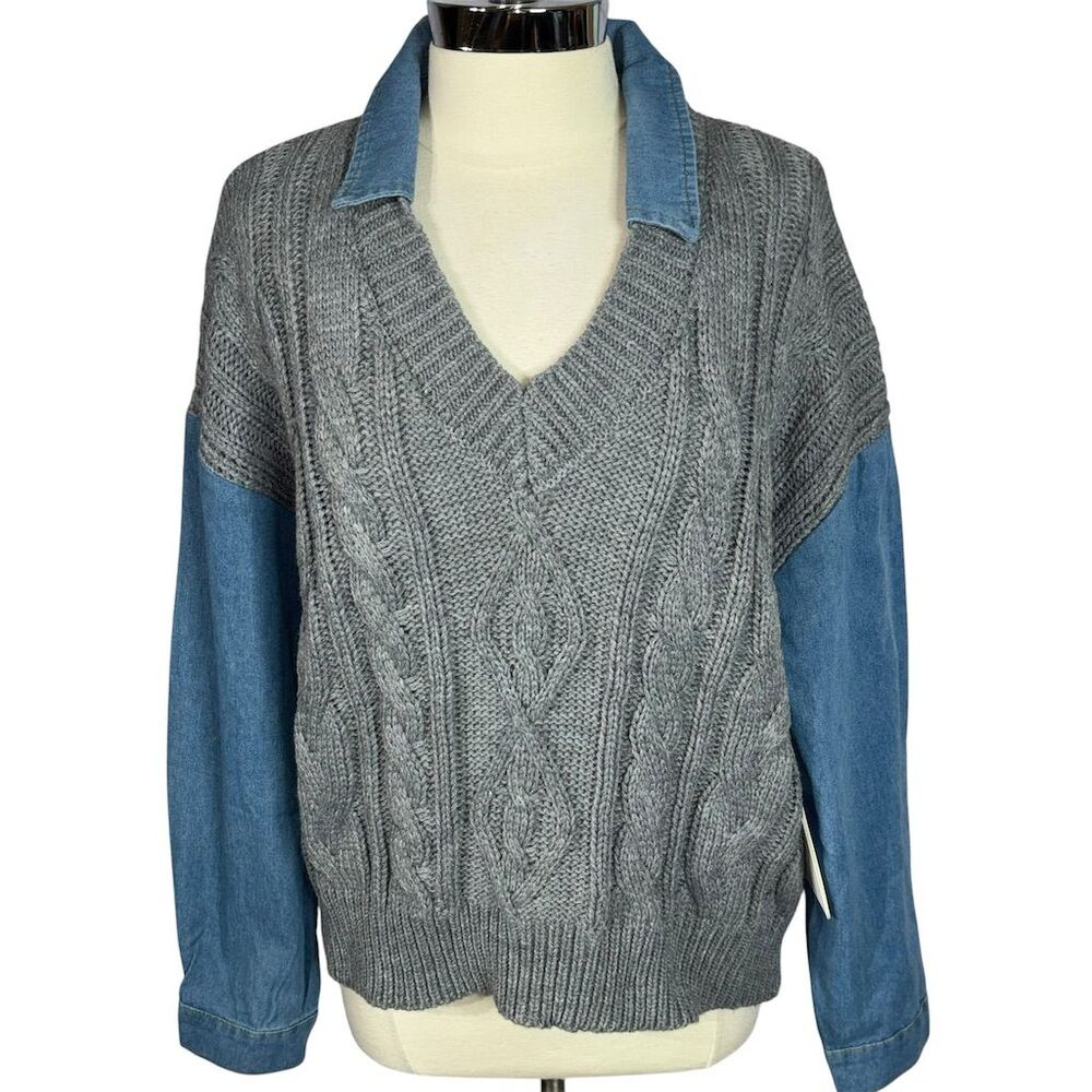 Cocobleu Women's Gray V-Neck Cable-Knit Layered Denim Look Sweater